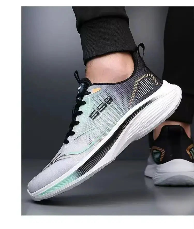 Men's running shoes with gradient teal-to-white upper, black laces, and chunky white sole.