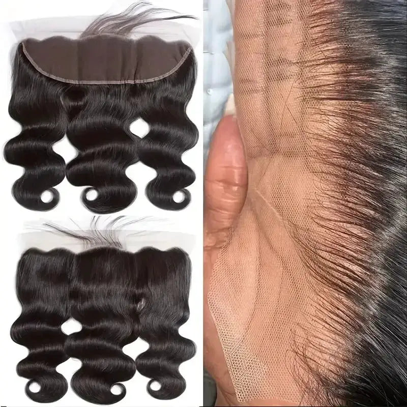 Simples Market body wave hair bundles with HD lace frontal and transparent 2x6 closure, natural black, 3-pack