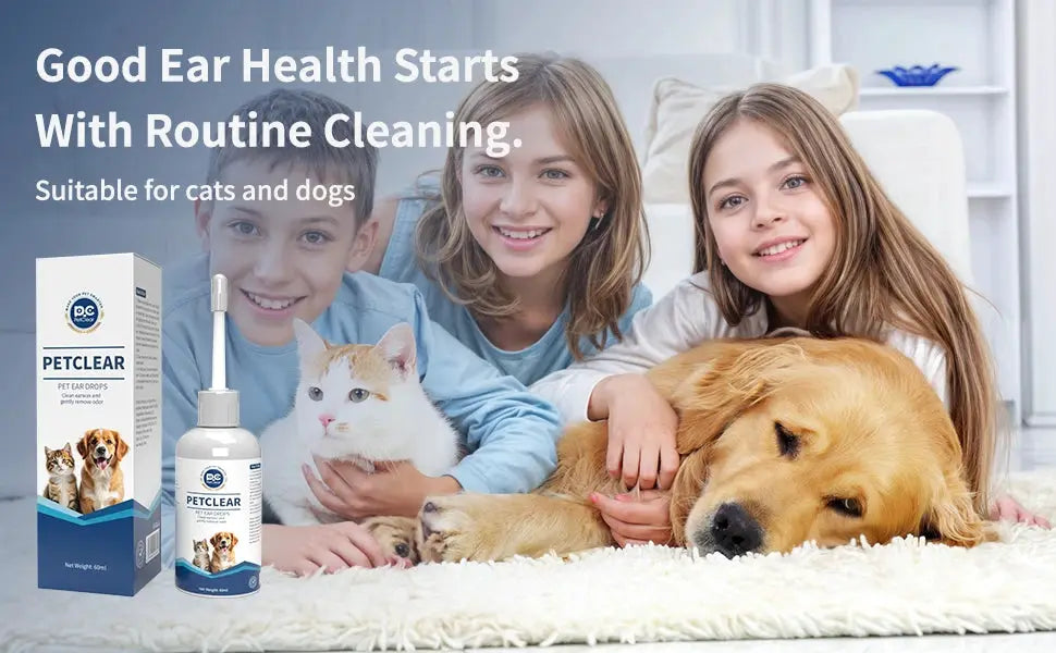 PetClear 60ml natural ear drops bottle with dropper and box by Simples Market for dogs and cats