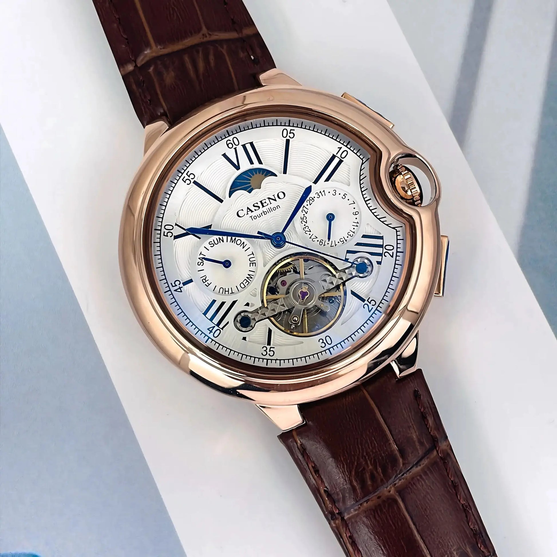 CASENO Star Roman Grand men's fully automatic tourbillon watch with rose-gold case and brown leather strap