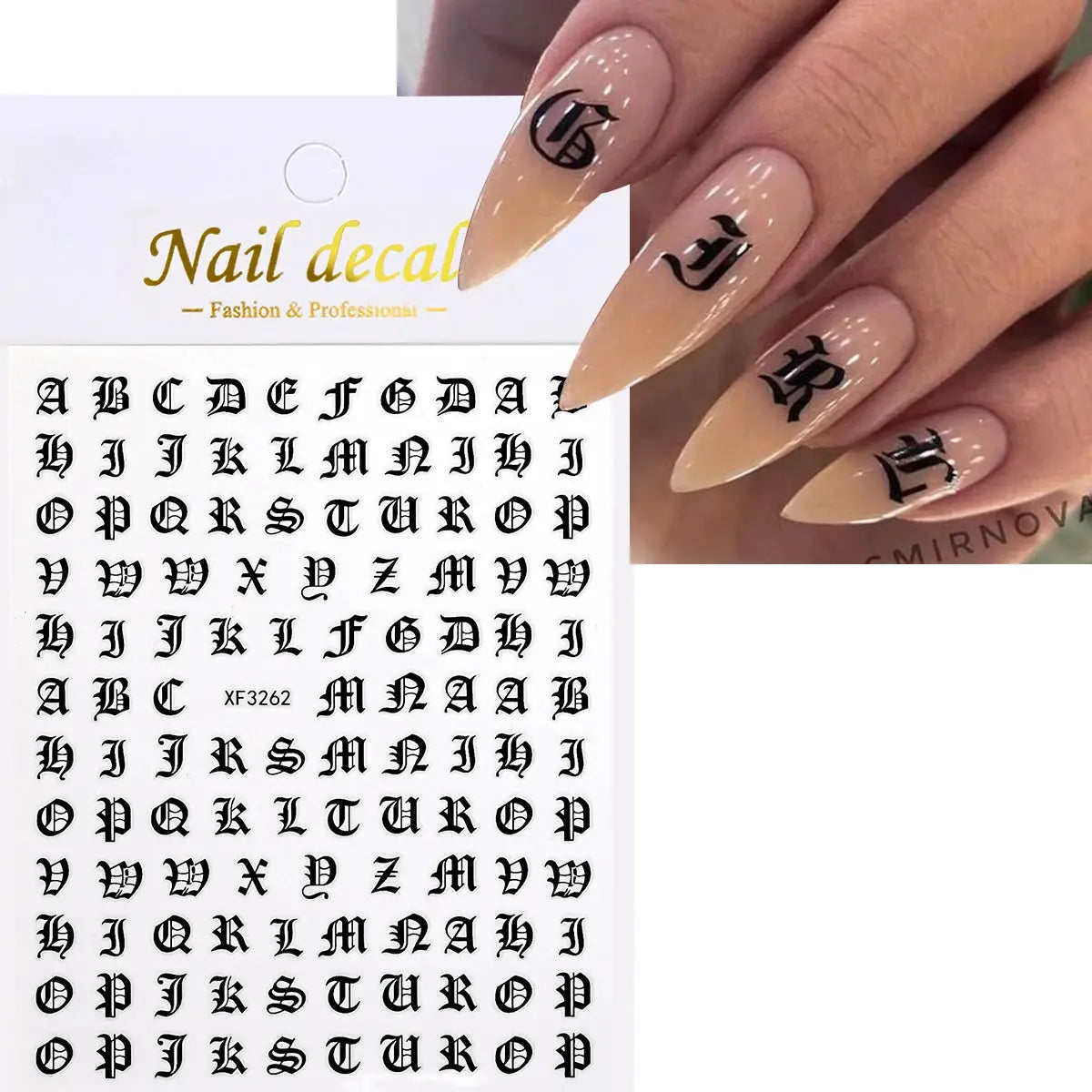 3D alphabet nail decals sheet with 26 English letters by Simples Market; black Gothic style, self-adhesive, 8x10cm