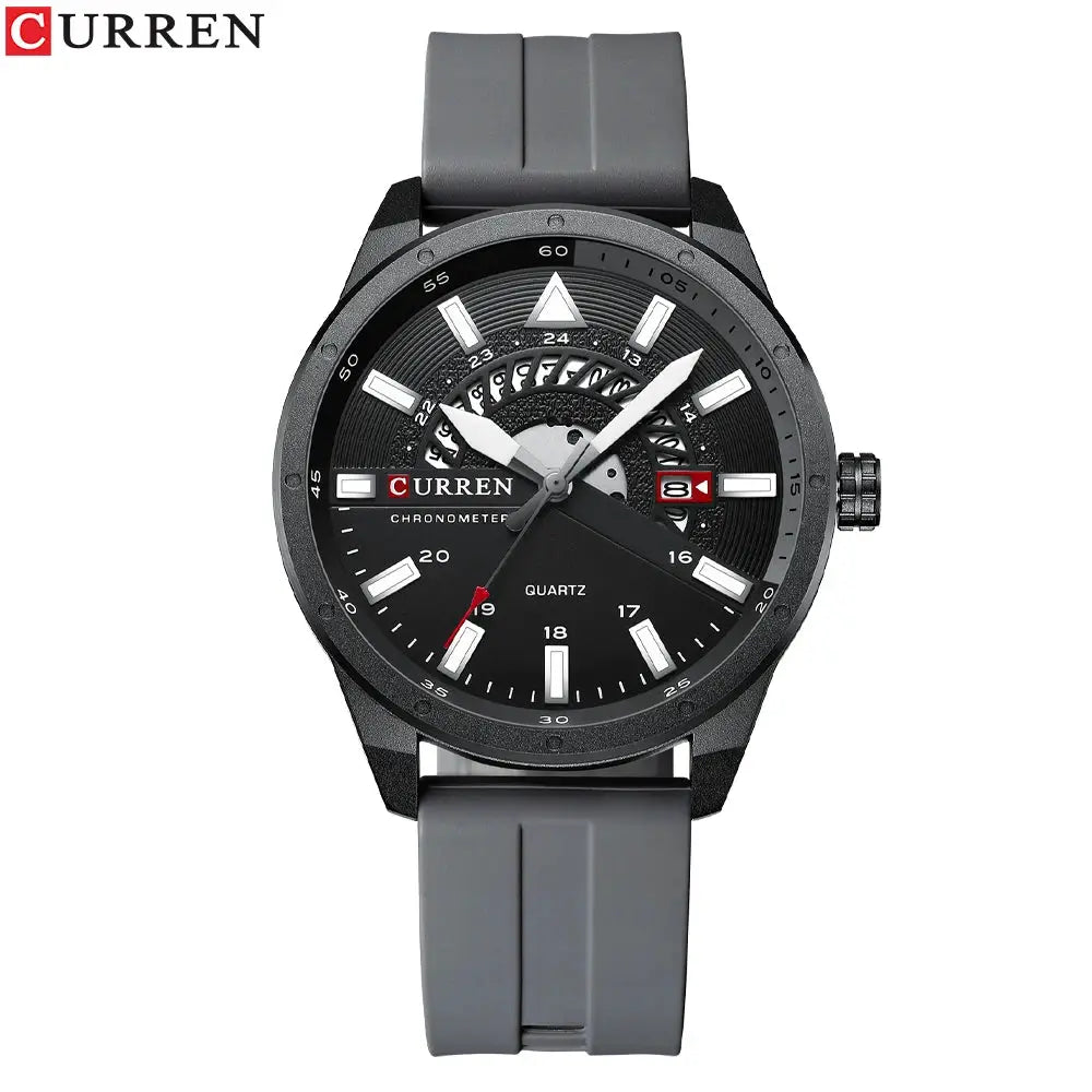 Curren men's wristwatch with gray silicone strap, black dial and date window