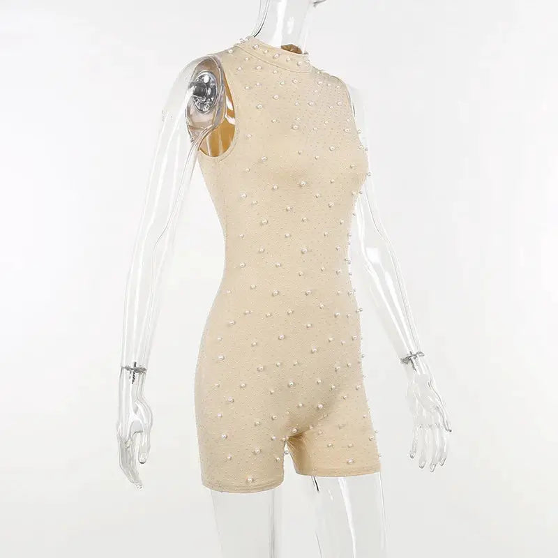 Beige beaded mesh jumpsuit romper, sleeveless O-neck, one-piece by Simples Market.