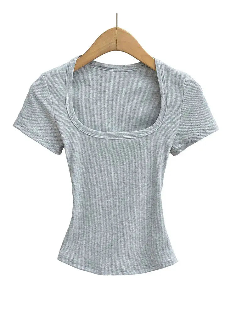 Womens Slim Fit Square Collar Crop Top High Stretch Short Sleeve Pullover Summer Blouse T Shirt For Layering
