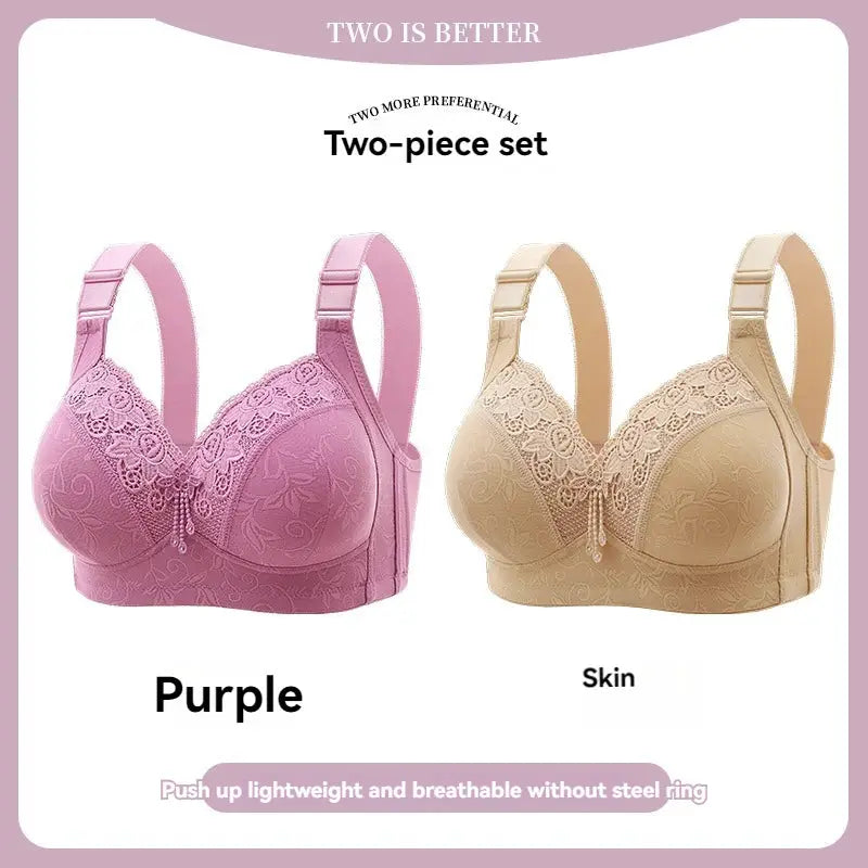 Two-piece womens lace bra set in purple and skin beige with floral lace cups
