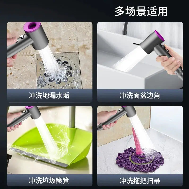 Handheld bidet sprayer with 2 modes, gray body and purple nozzle.