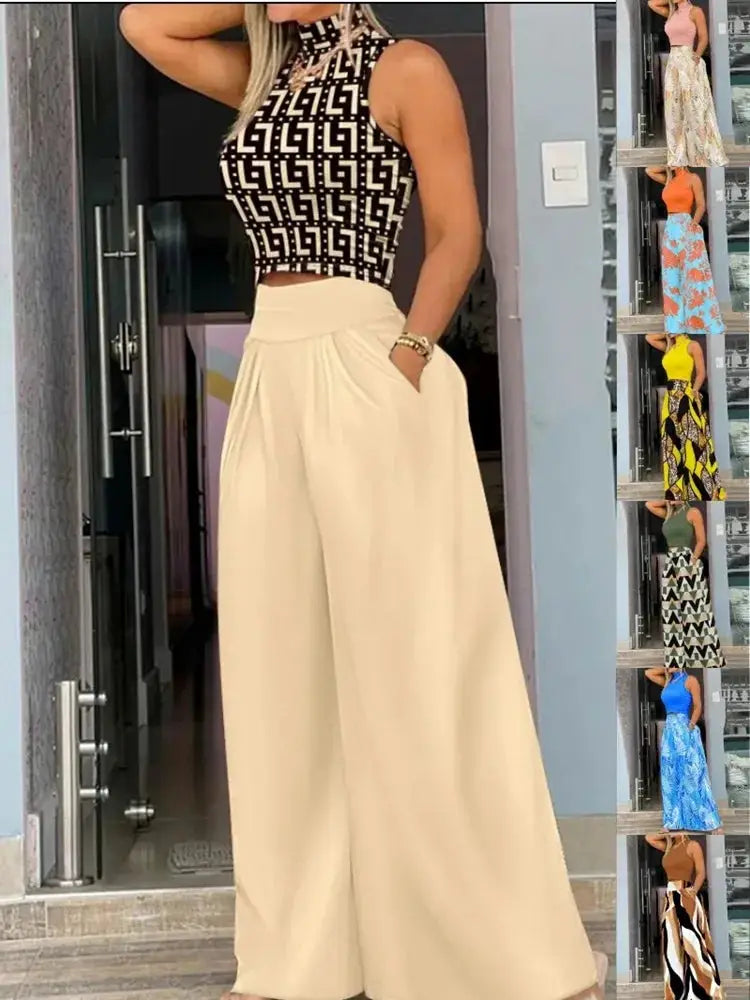 Summer Print Two Piece Set Women Sleeveless Tank Top Wide Leg Pants