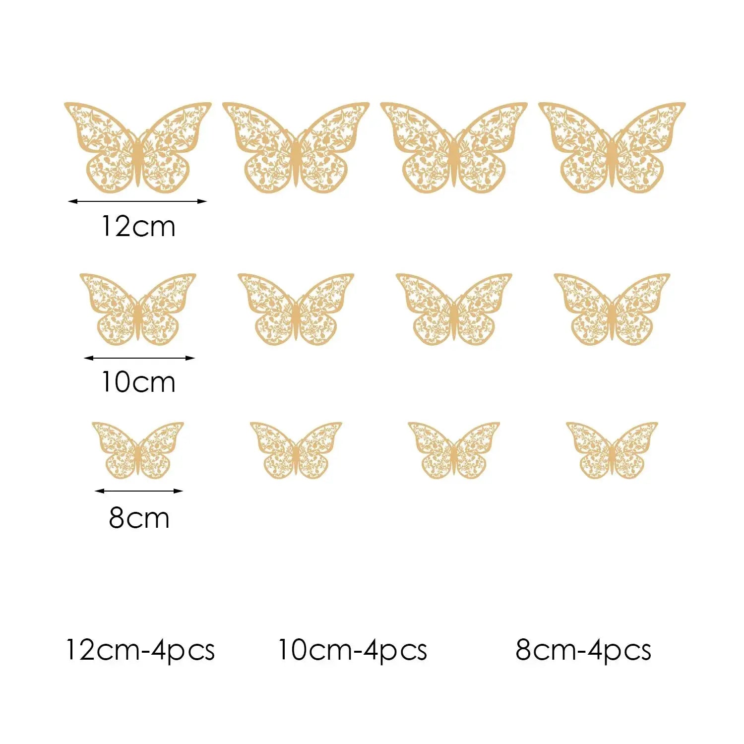 Simples Market 12pcs gold hollow 3D paper butterfly decorations, 4x12cm 4x10cm 4x8cm for walls and parties