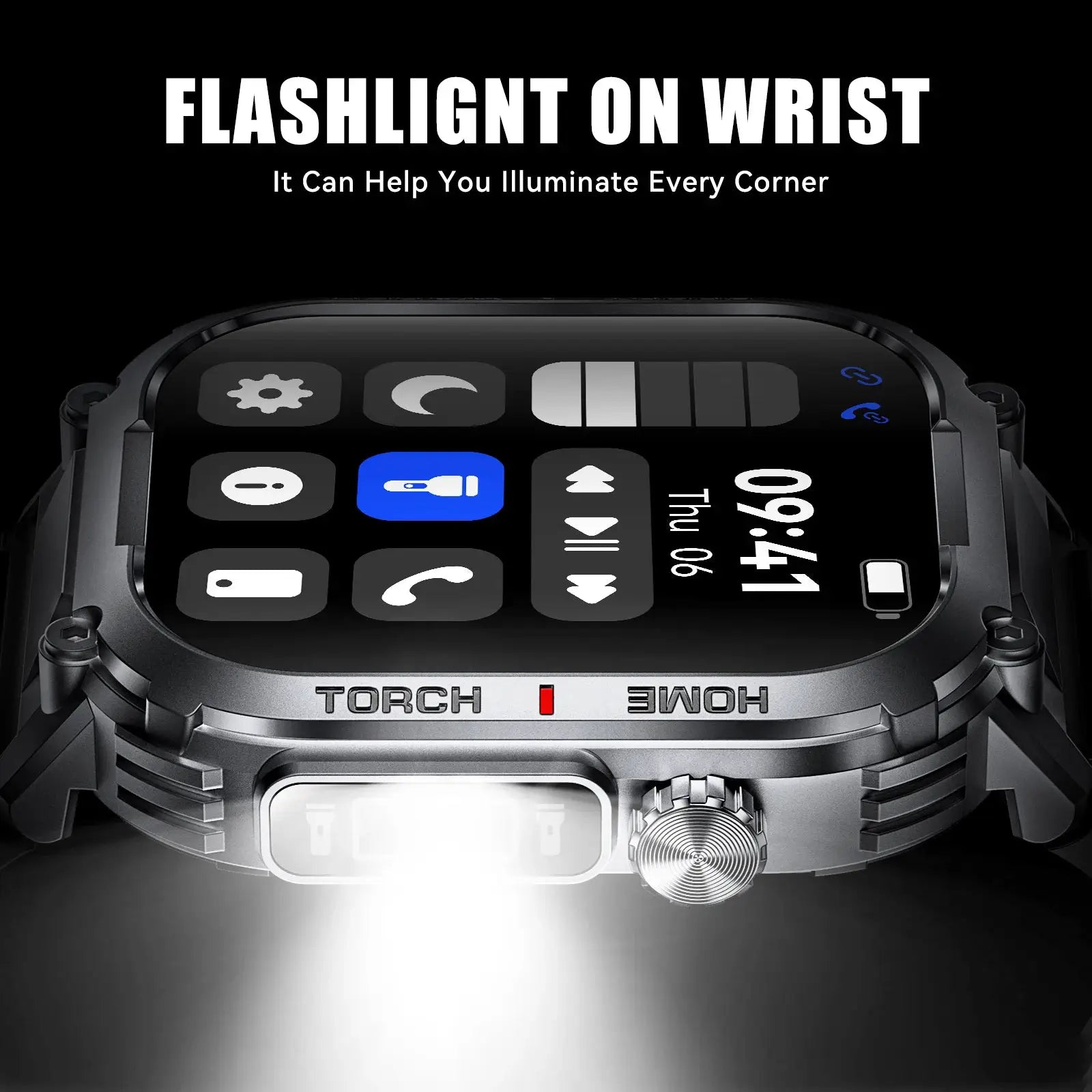 EIGIIS smart watch for men, black metal case, 3ATM waterproof, LED flashlight & compass.