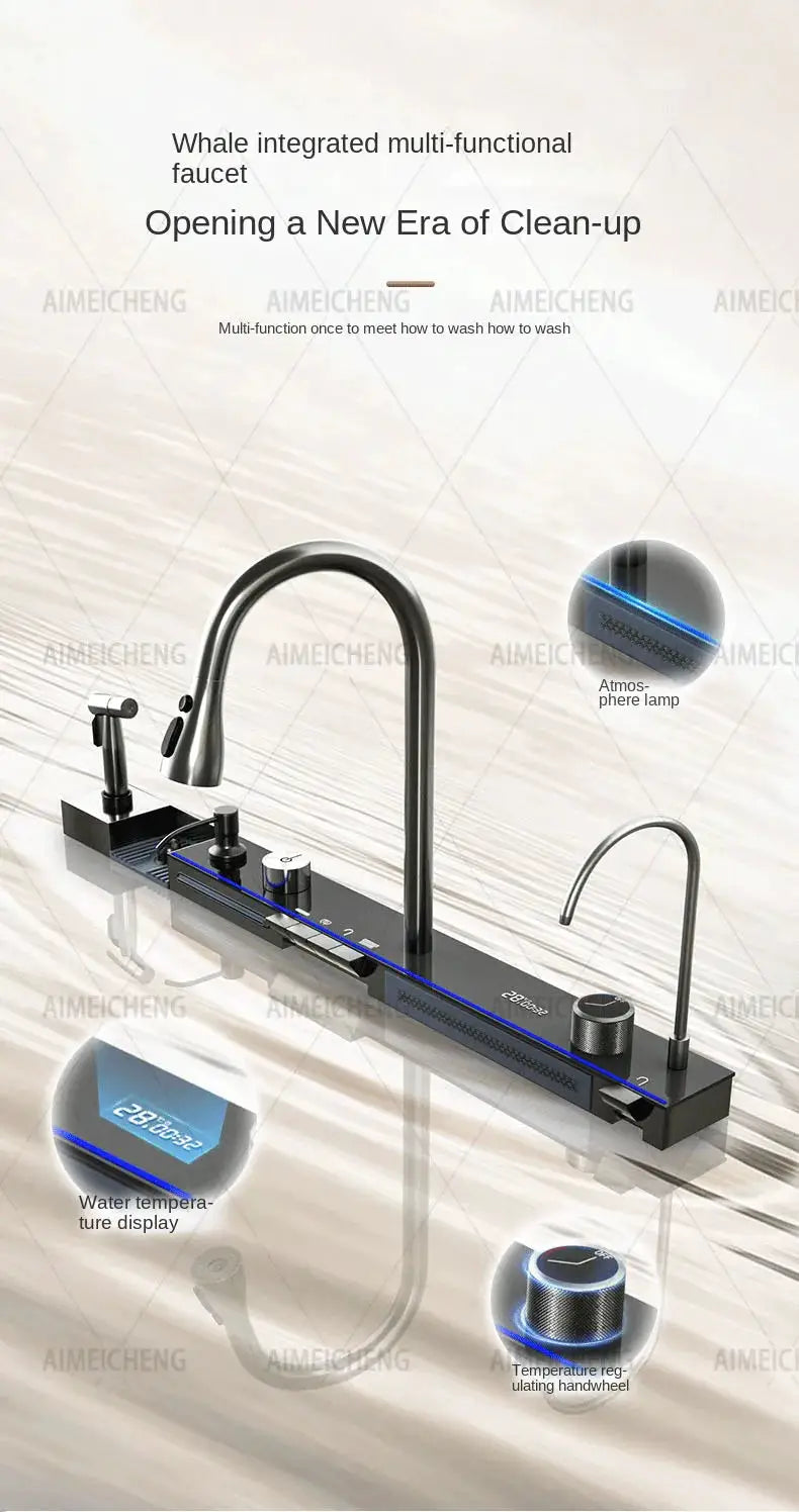 Simples Market stainless steel waterfall kitchen sink with digital temperature display and blue LED accents