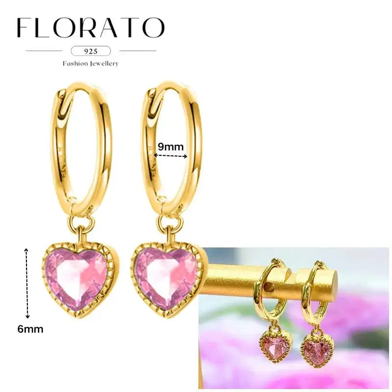Florato 925 gold-tone hoop earrings with pink heart zircon pendants, 9mm hoops and 6mm hearts