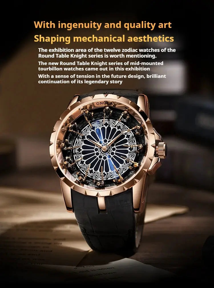 Quartz men's watch Twelve Knights of the Round Table, rose gold-tone case, black leather strap