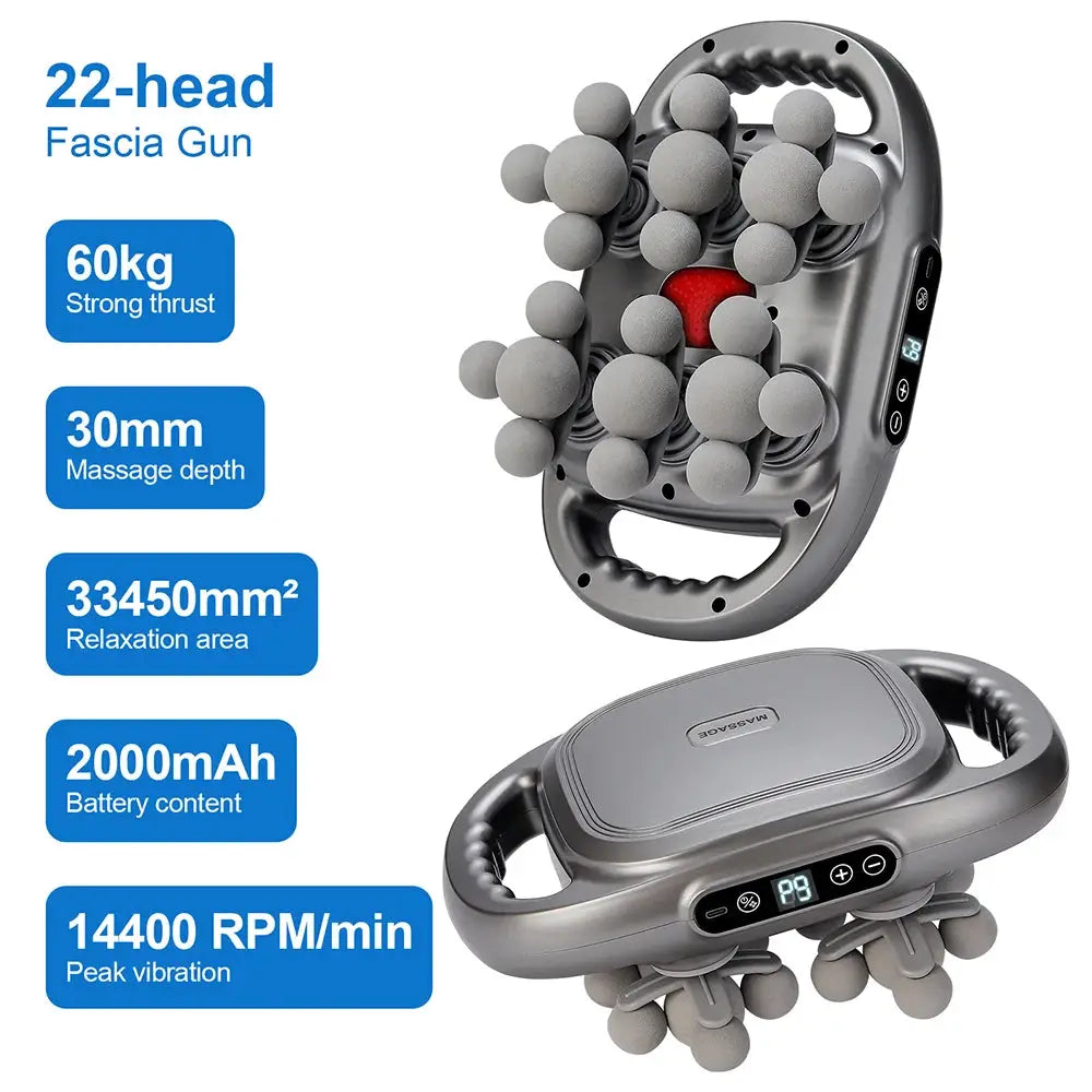 Simples Market fascia gun 22-head massager with gray body and digital control panel