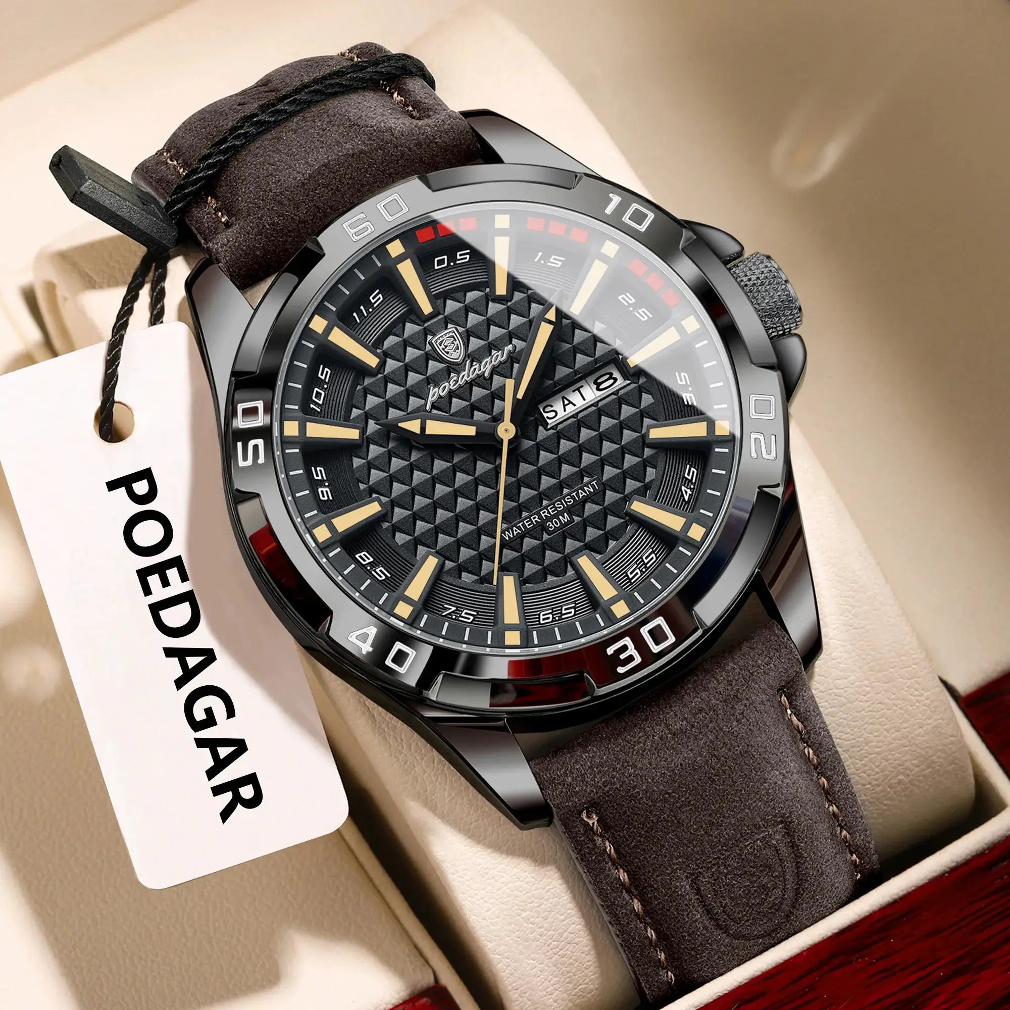 POEDAGAR Original Mens Luxury Waterproof Quartz Watch With Leather Strap Luminous Hands Date And Week Display