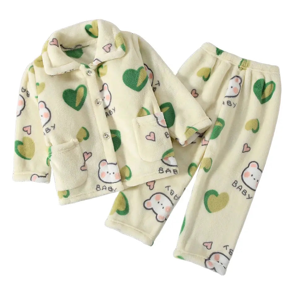 Cute Cartoon Pattern Coral Fleece Flannel Pajama Sets For Boys And Girls Long Sleeve Warm Comfortable Winter Sleepwear