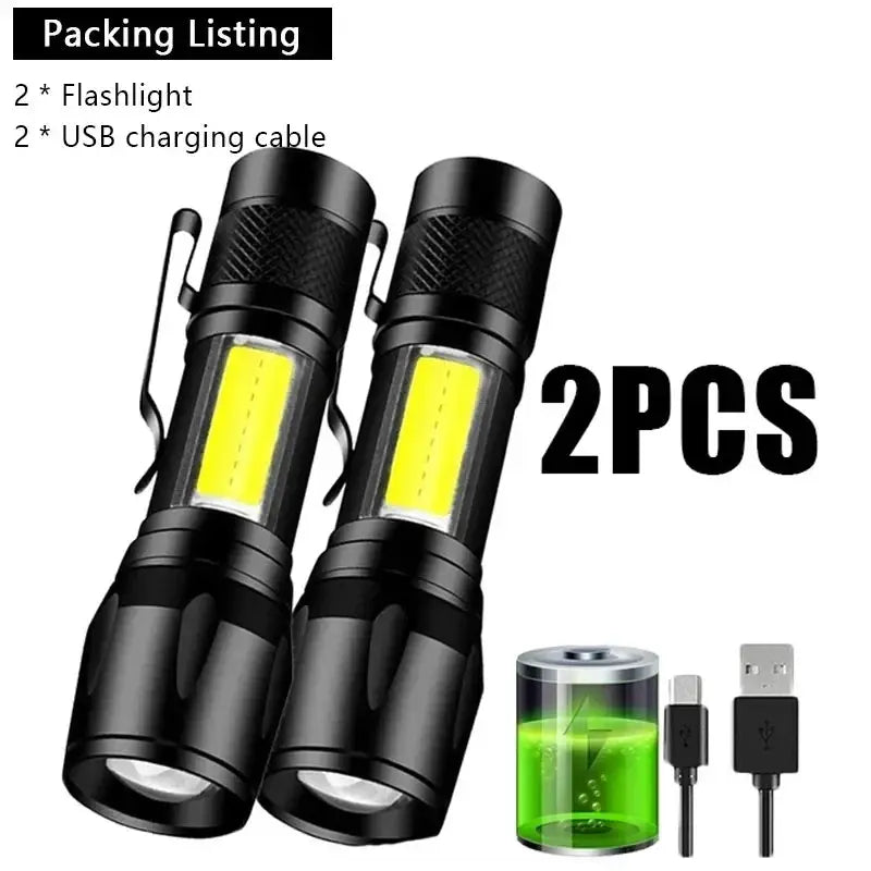 2 black tactical flashlights with yellow LED panels and USB charging cables