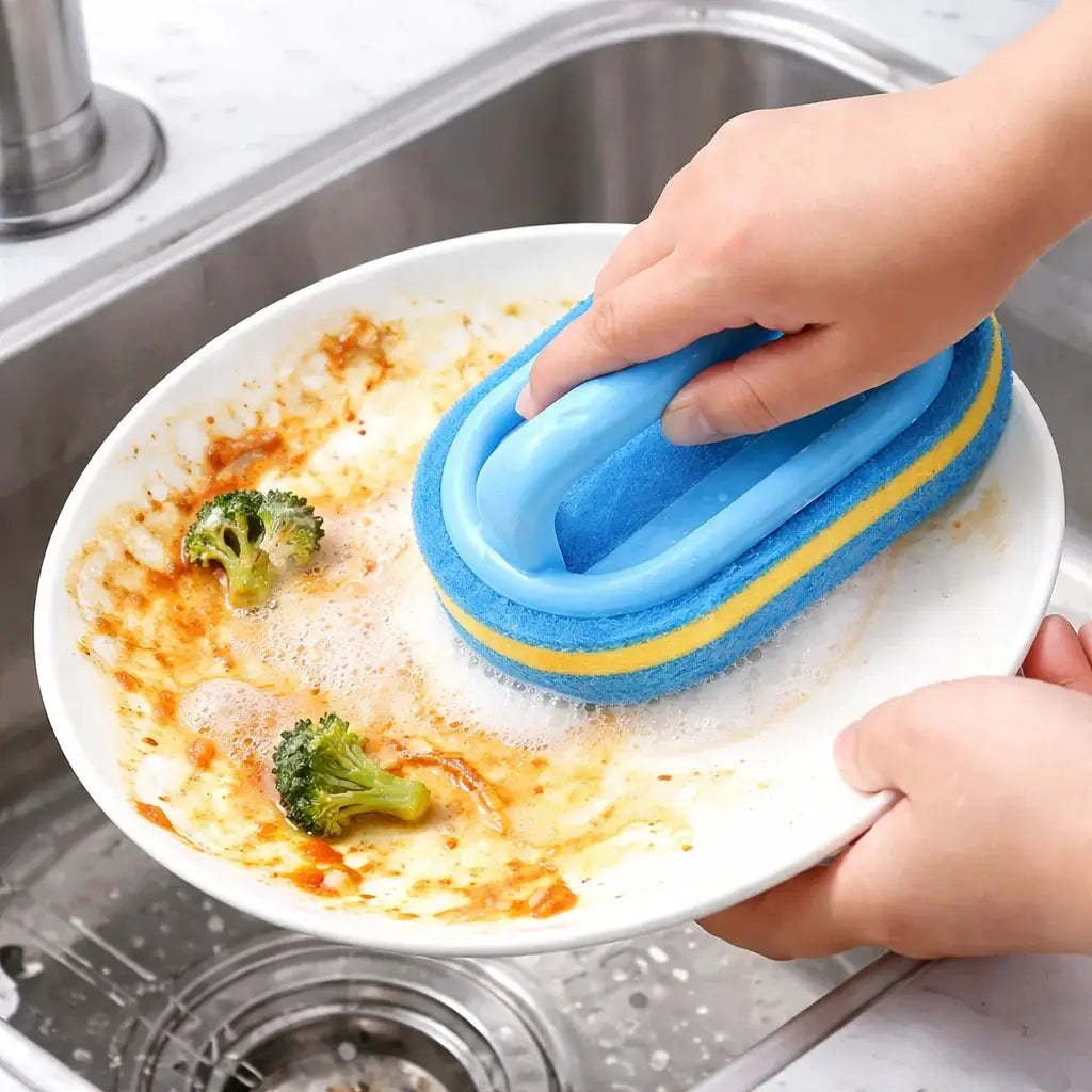 Dishwashing scrub brush with blue sponge and handle by Simples Market