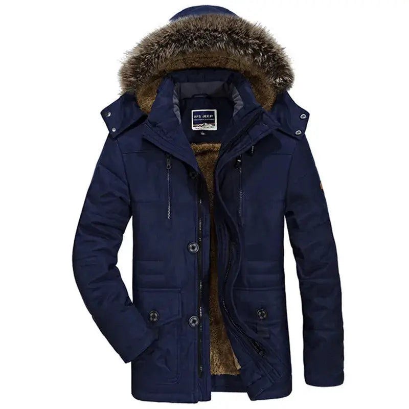 Simples Market navy blue men's long down parka with fur-collar hood and multiple pockets