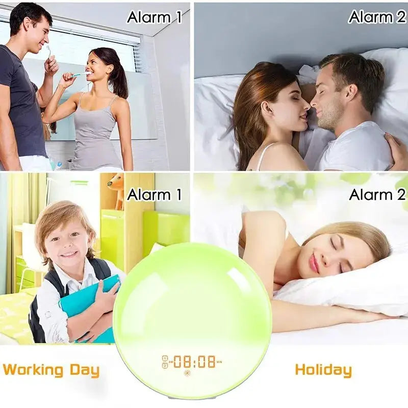 Sunrise Alarm Clock with night light, green glow and digital display; desk clock shown in wake, study, and sleep scenes.