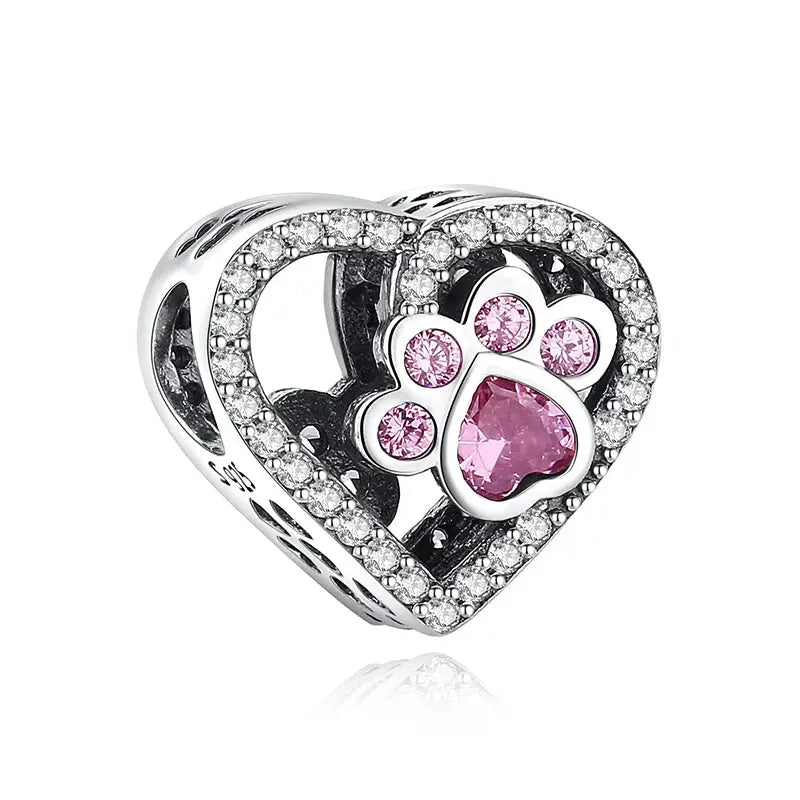 925 Sterling Silver Paw Print Charm Beads for Dogs and Cats Jewelry Pendant Fit for Bracelets Necklaces DIY Projects
