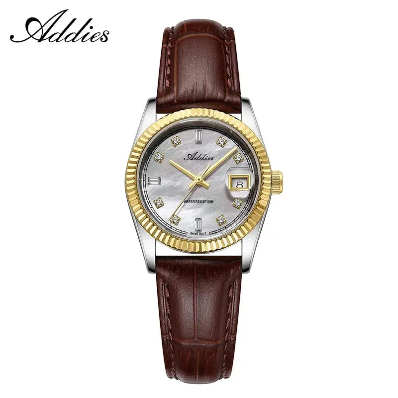 Addies luxury women's watch; gold-tone fluted bezel, silver case, brown leather strap
