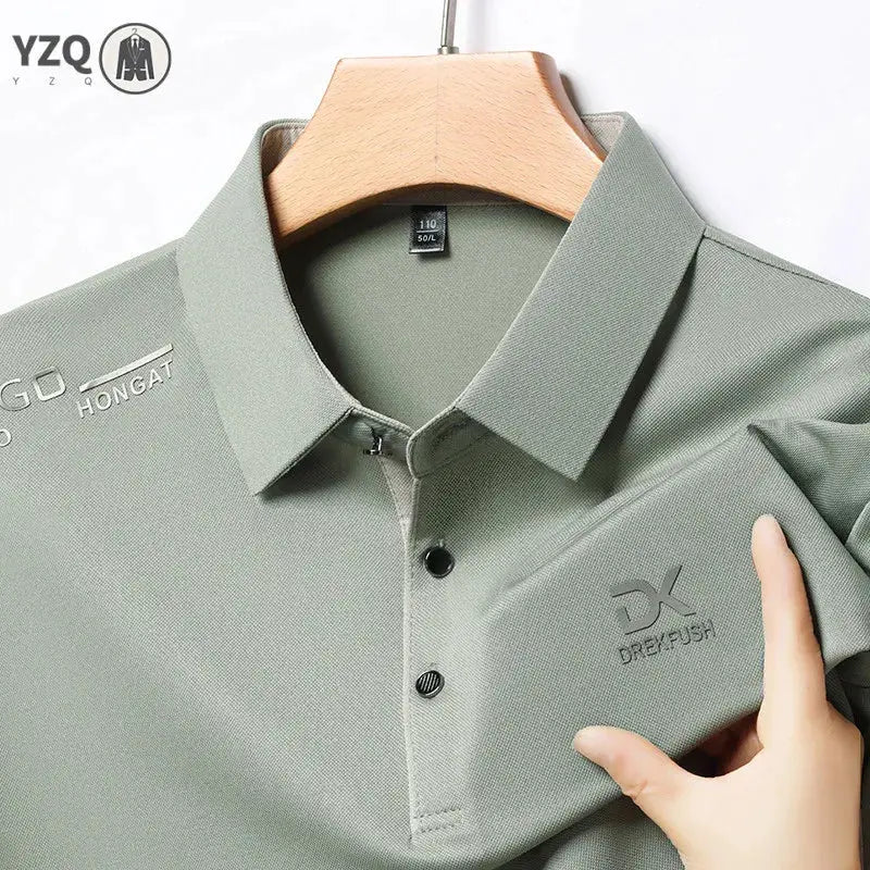 Men's polo shirt, short sleeve, solid sage gray-green, breathable fabric with chest badge