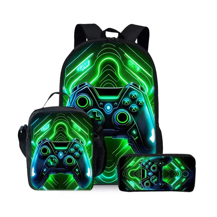 Three-piece kids backpack set with neon green game controller pattern; includes backpack, lunch bag, and phone case.