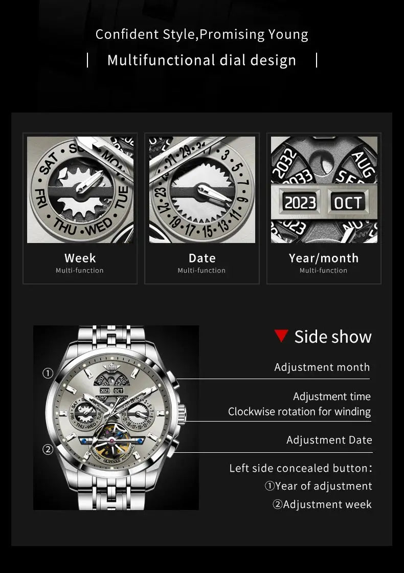 OUPINKE 3251 men's hollow skeleton automatic watch, stainless steel bracelet with date display