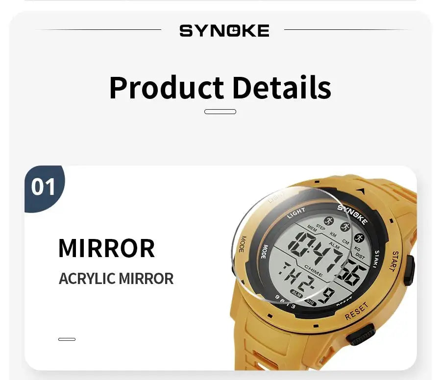 SYNOKE men's digital sport watch with acrylic mirror, yellow, large display