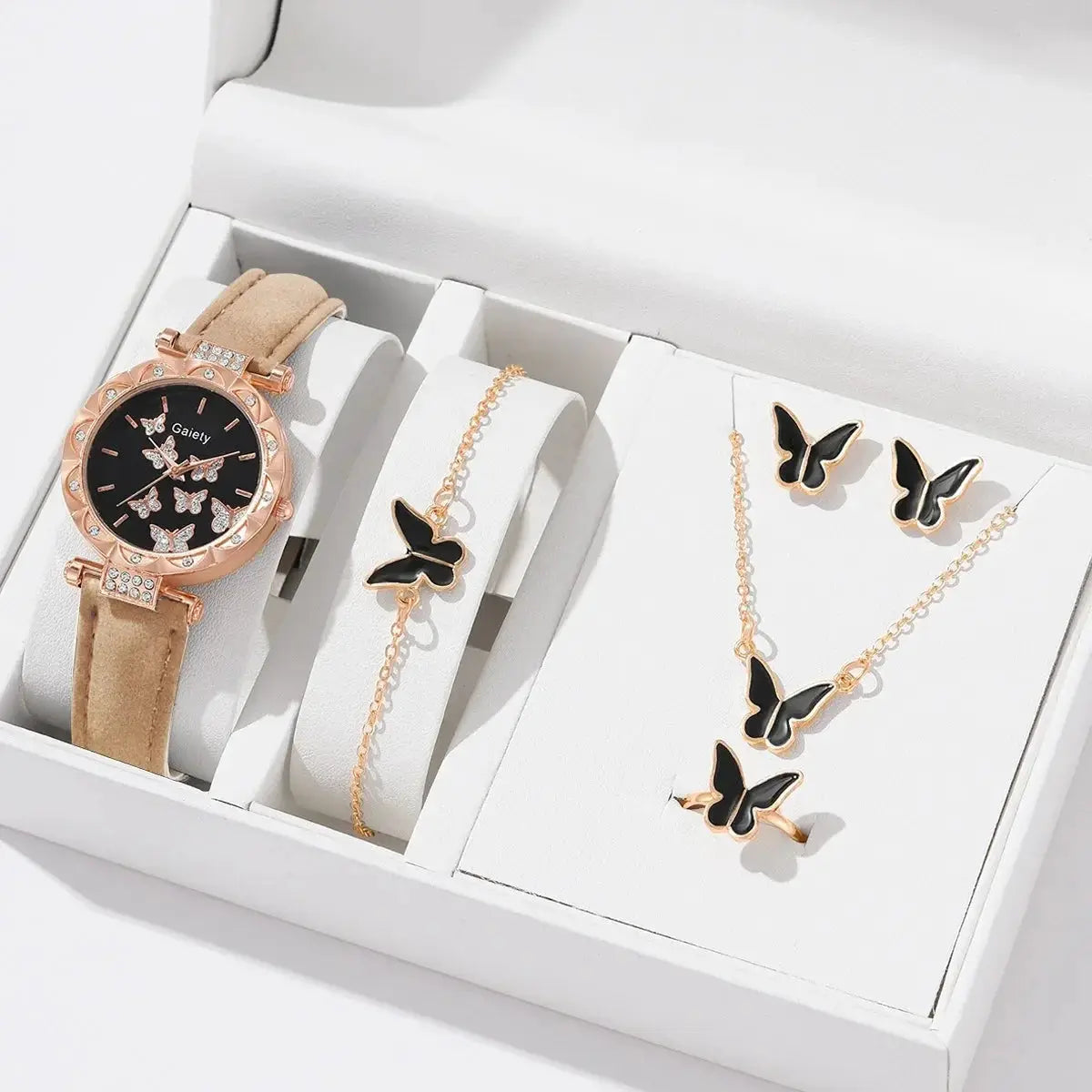Butterfly Lane Watch Set Leather Strap Quartz Wristwatch With Matching Ring Necklace Earrings Bracelet