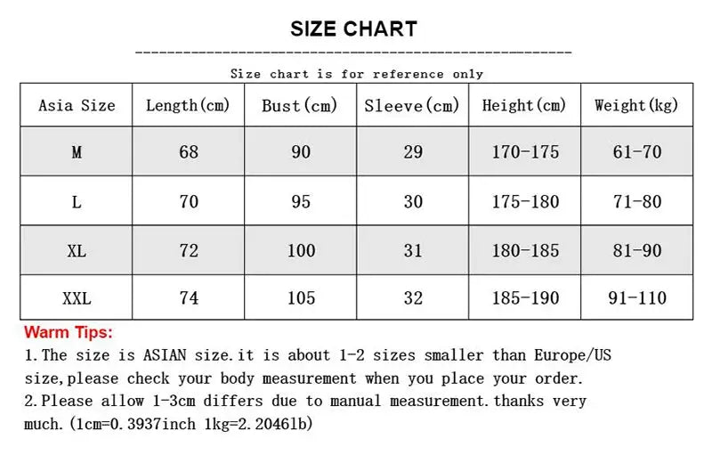 Size chart for Simples Market men's compression T shirt; Asian sizes M–XXL with length, bust, sleeve, height, and weight.