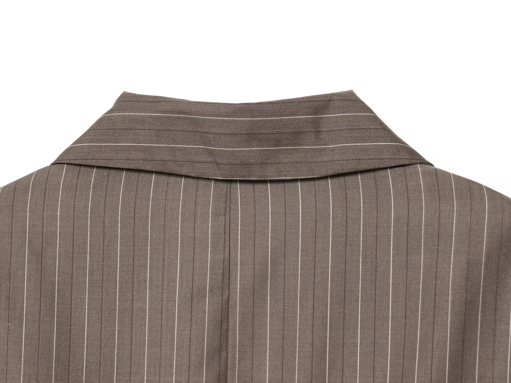 KONDALA brown pinstripe blazer collar close-up detail