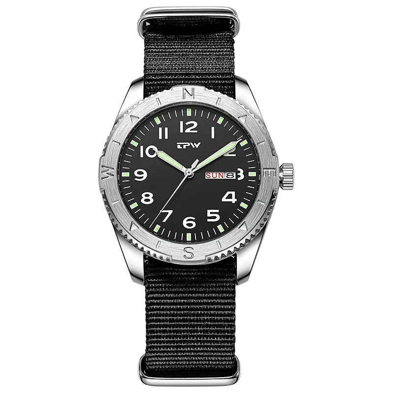 TPW 40mm field watch by Simples Market with black dial, luminous hands, rotating bezel, fabric strap, day/date, quartz