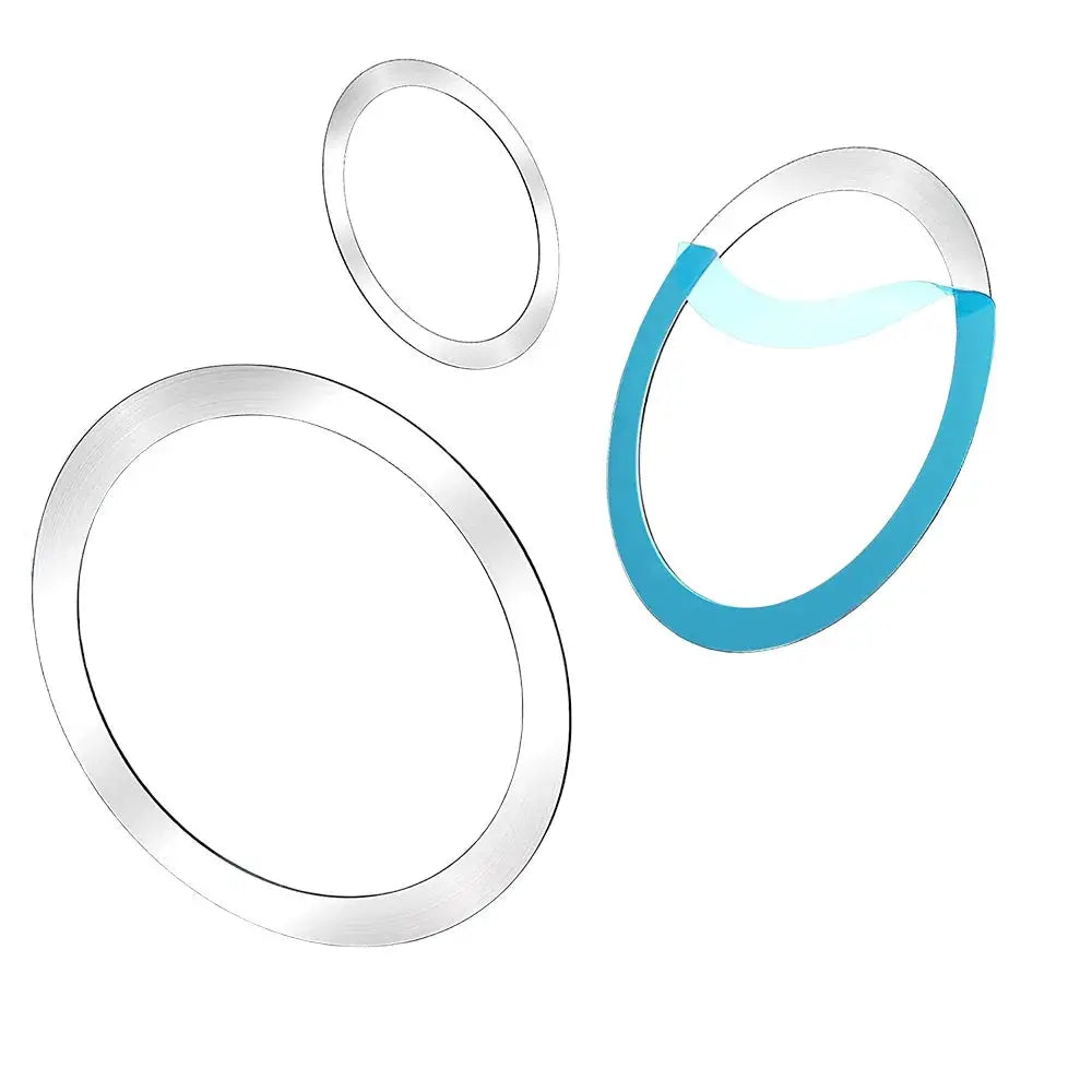 Universal magnetic metal plate ring set (3 rings) with blue adhesive strip for MagSafe car mounts.