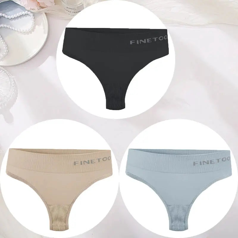 FINETOO 3-piece women's thong underwear set in black, beige, and light blue; seamless high-waist.