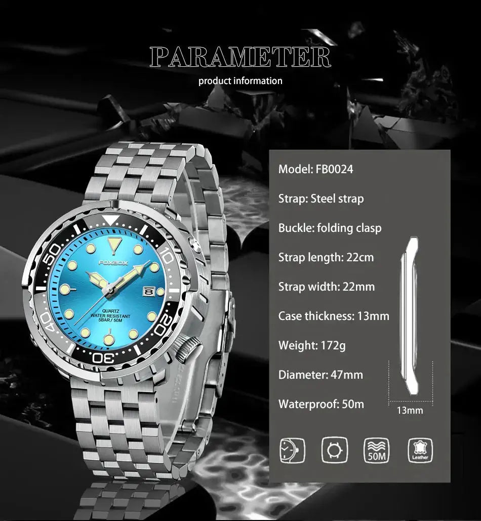 FOXBOXE quartz men's sport watch with steel strap, blue dial, steel bezel, 50m water resistance