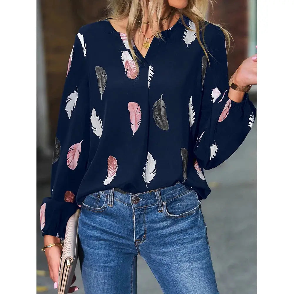 Women's navy feather-print long-sleeve chiffon blouse