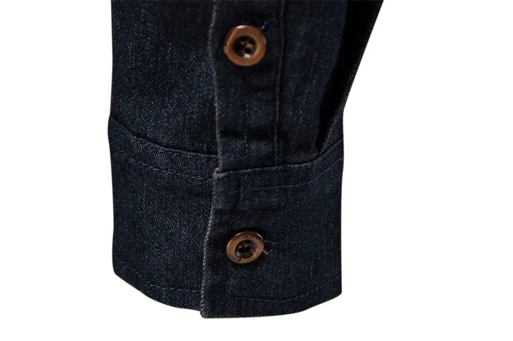 Denim shirt sleeve with brown buttons in dark indigo denim fabric