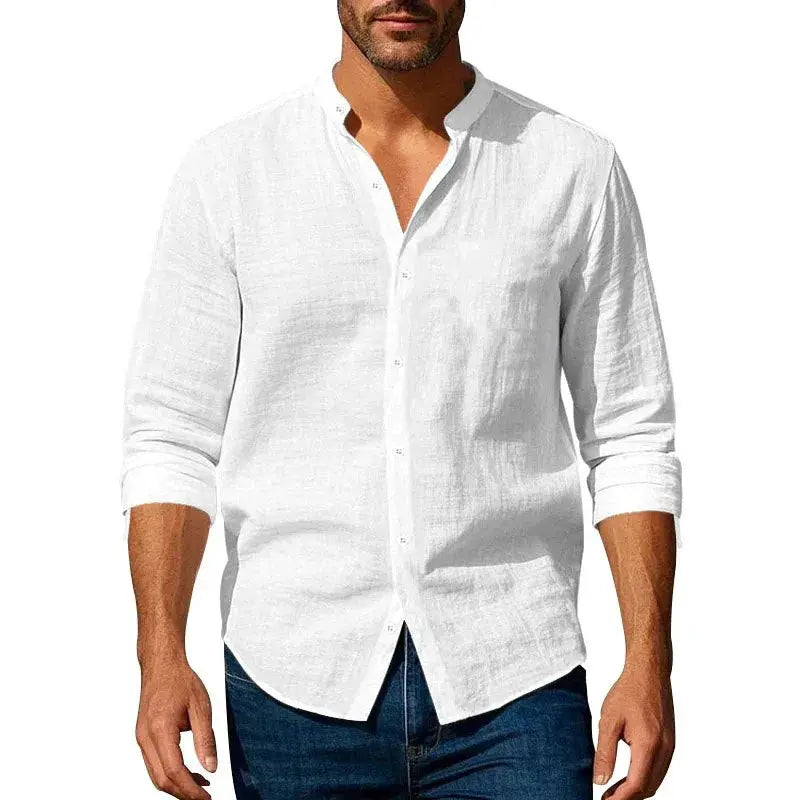 Men's cotton linen Henley shirt, white, lightweight breathable, Simples Market, slim fit, long sleeve button-up