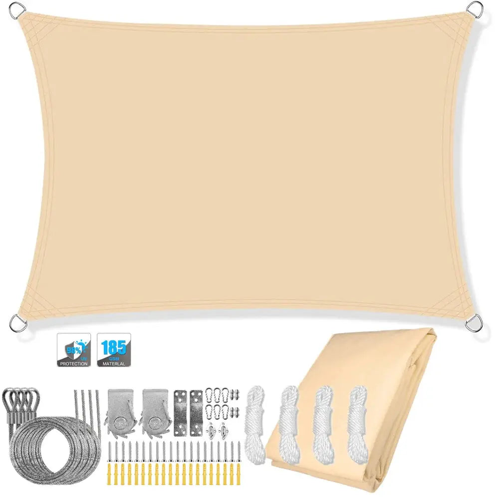 Simples Market waterproof rectangle shade sail canopy in beige with hardware kit, grommets, ropes, and anchors.
