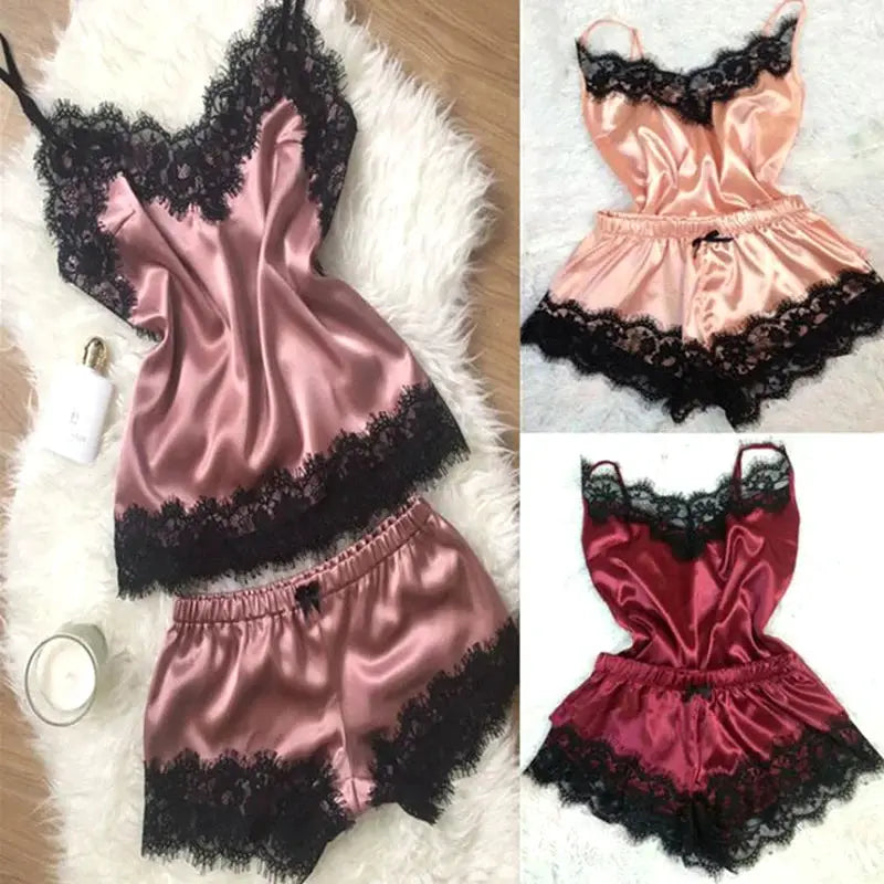 Satin Cami Set And Shorts Nightwear With Lace Trim Breathable For Warm Spring And Summer Nights