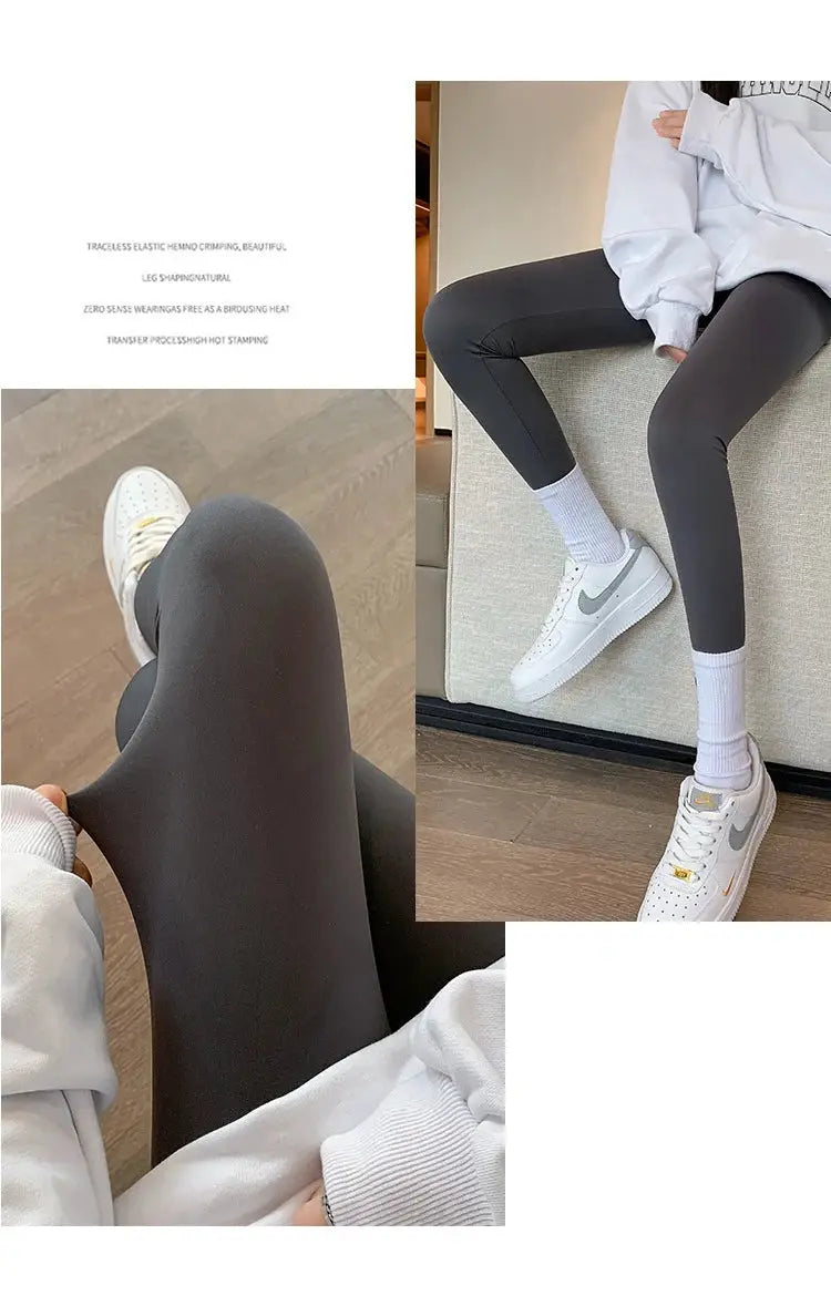 BIVIGAOS brushed shark leggings for women in dark gray; high-waist, seamless slim fit for fitness