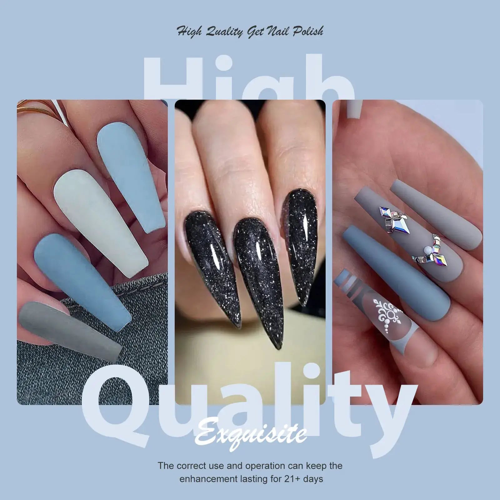 Gel nail polish kit, 6-piece, Simples Market; soak-off autumn colors with blue, white, gray matte shades and black glitter