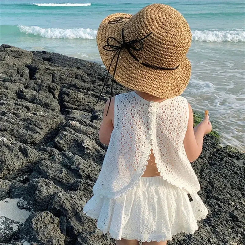 LunaGlow Girls Hollow Lace Summer Set Breathable Sleeveless Tee And Shorts For Comfort Ages 7 To 13