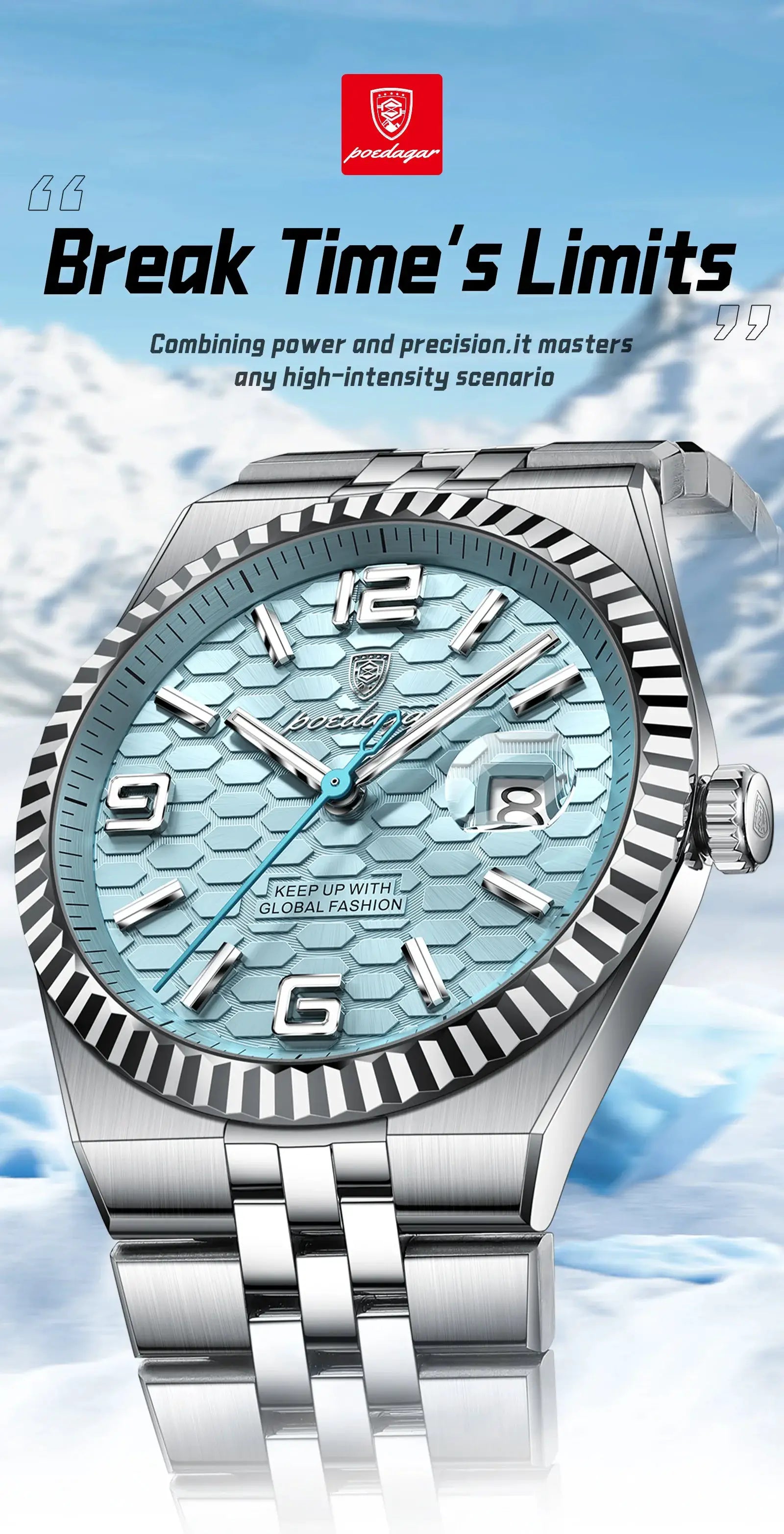 POEDAGAR men's stainless steel quartz watch with blue honeycomb dial, luminous hands, date window, boxed