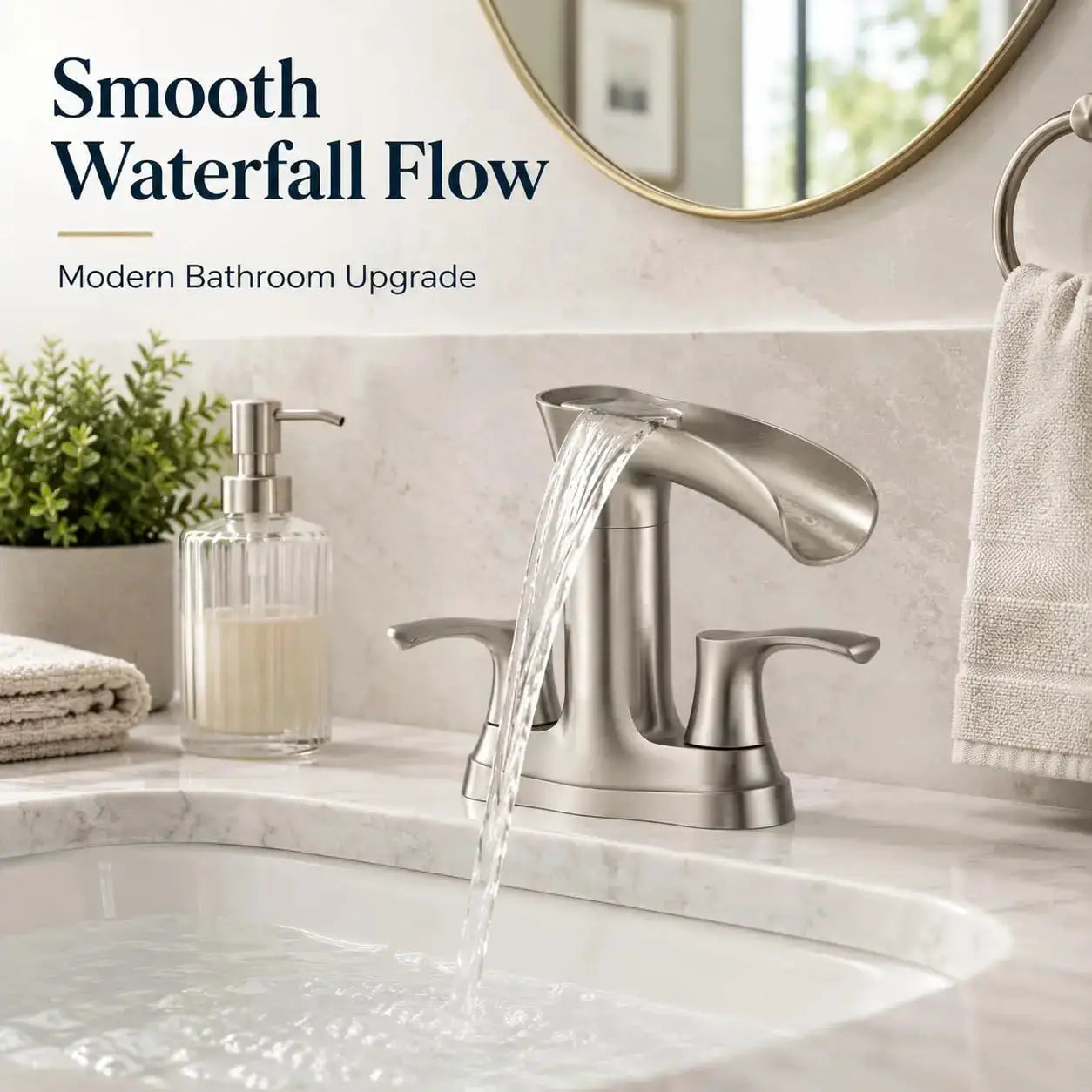 Modern Waterfall Bathroom Faucet by Simples Market in brushed nickel, 4-inch centerset, dual-handle deck-mount with base plate.
