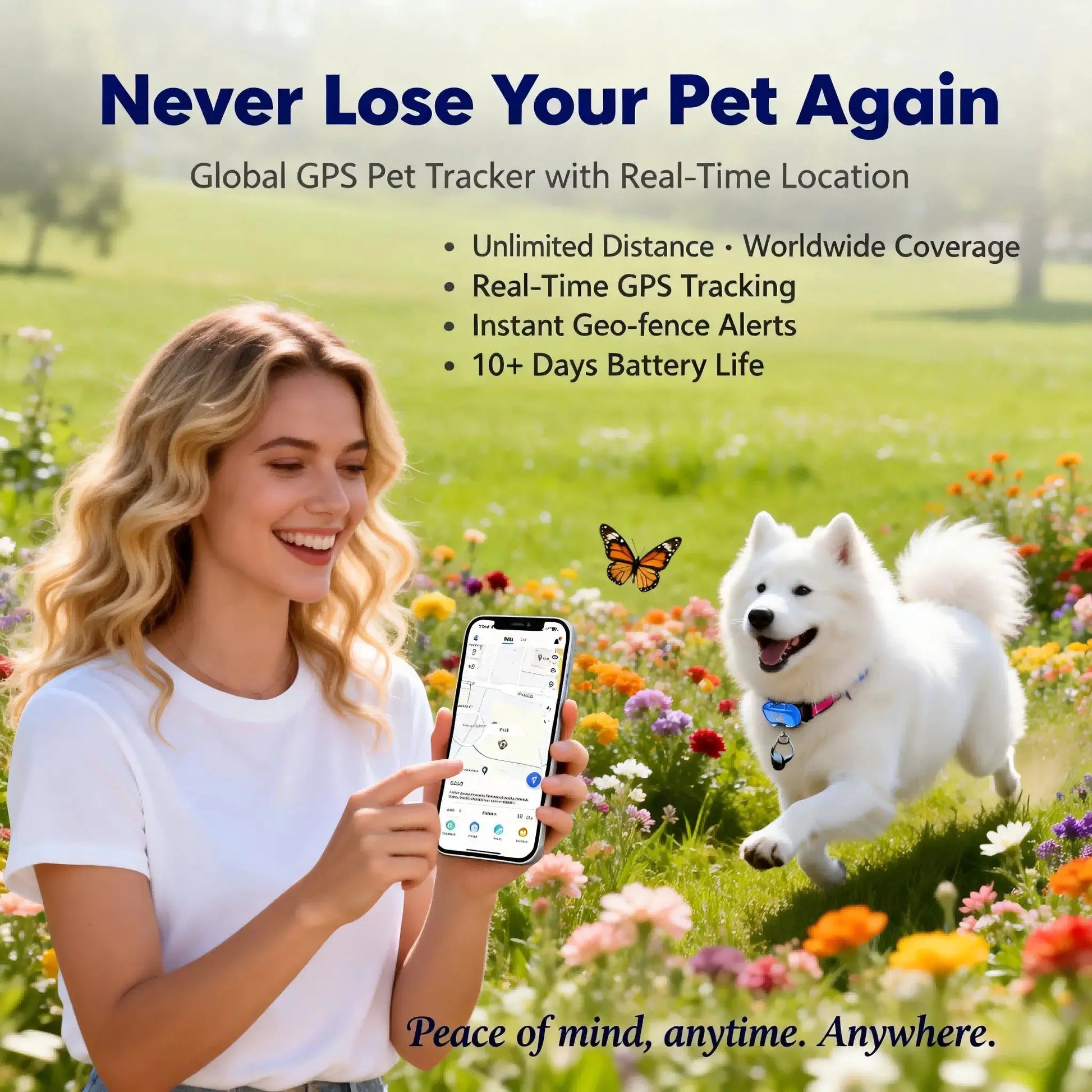 GPS Pet Tracker for dogs and cats with a blue collar device, shown with a smartphone map app