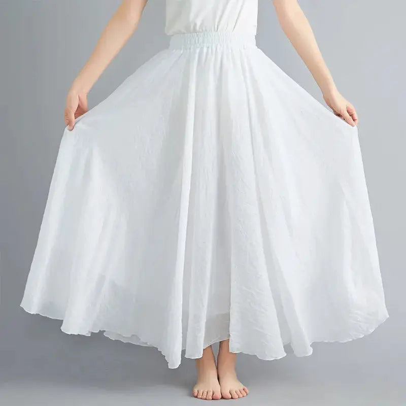 Simples Market white Mori girl cotton-linen long skirt with elastic waist, A-line