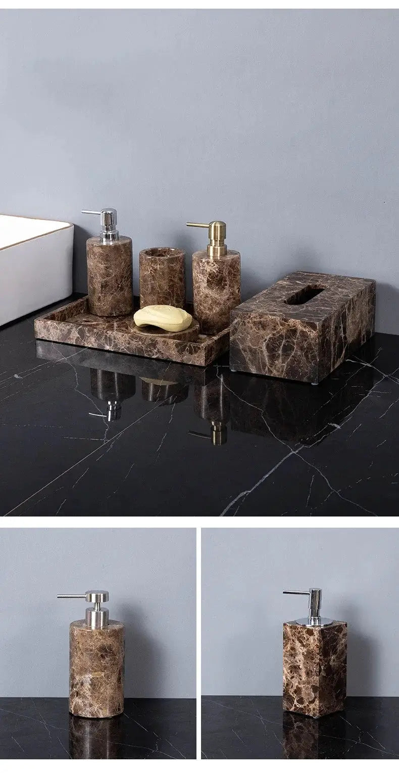 Emperador Dark natural marble bathroom set with soap dispenser, toothbrush holder, soap dish and tissue box