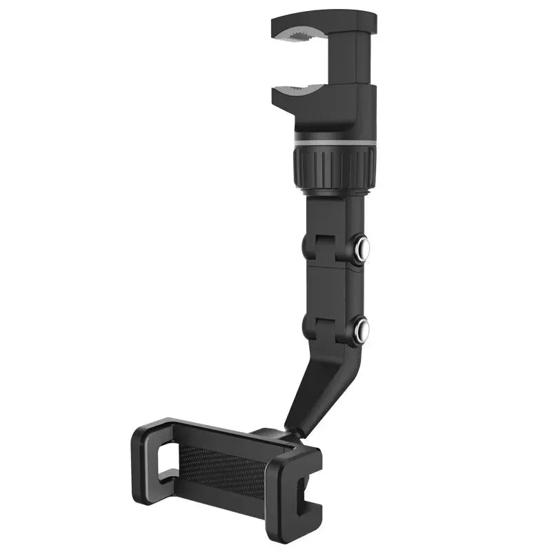 Rearview mirror phone holder, black, 360° rotatable and retractable car mount.